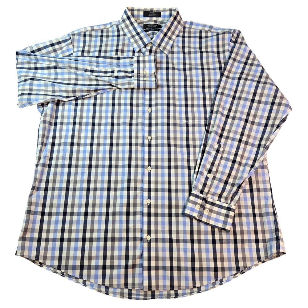 Nordstrom Men's Shop Non-Iron Trim Fit Blue Check Dress Shirt Size 18 34-35